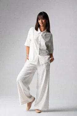 Meryl lniany komplet loungewear z długimi spodniami - krem