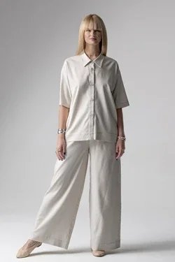 Meryl lniany komplet loungewear z długimi spodniami - latte