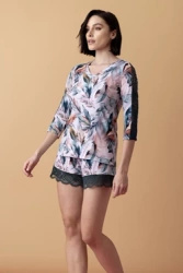 Sonnet krótka piżama z koronką – druk pióra