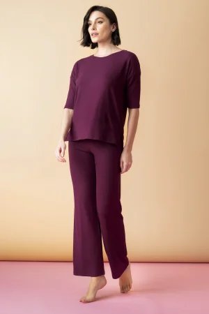 Sonnet - długa piżama prążkowana z rękawem 3/4 – merlot
